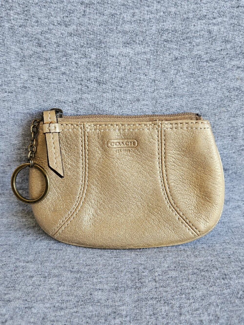 Coach metallic gold leather bag charm coin purse with a key ring